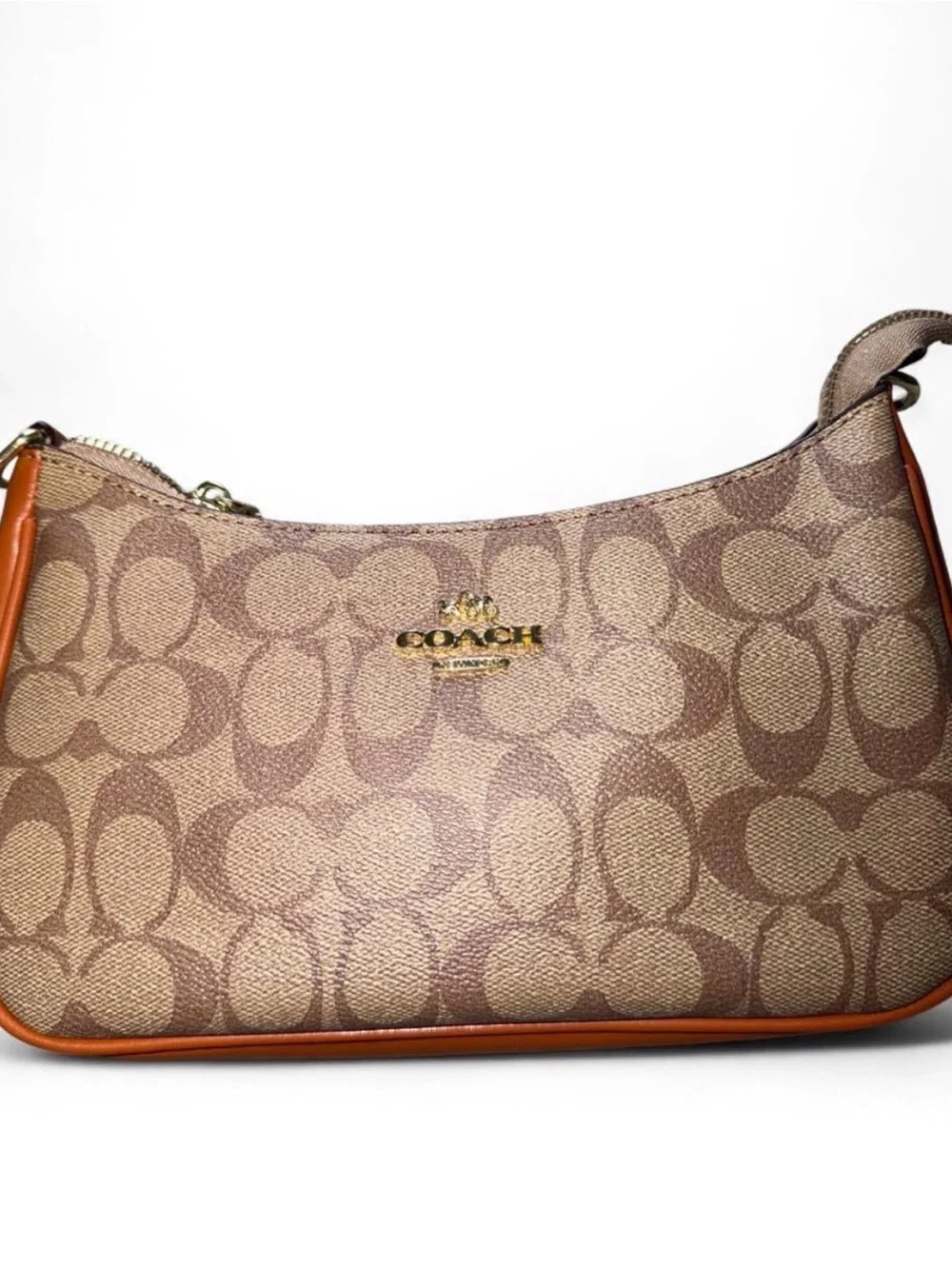 Coach Signature Canvas Shoulder Bag in Brown with Tan Trim